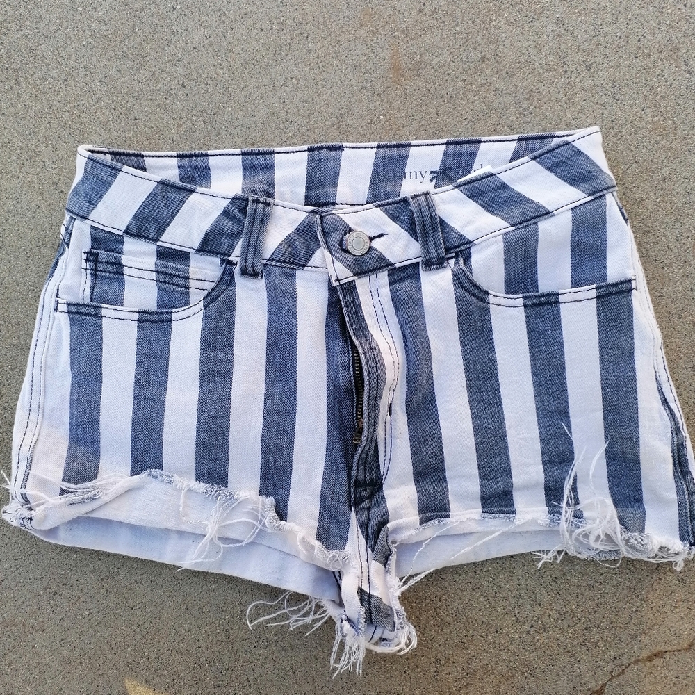 White and Blue Striped Denim Jean shorts